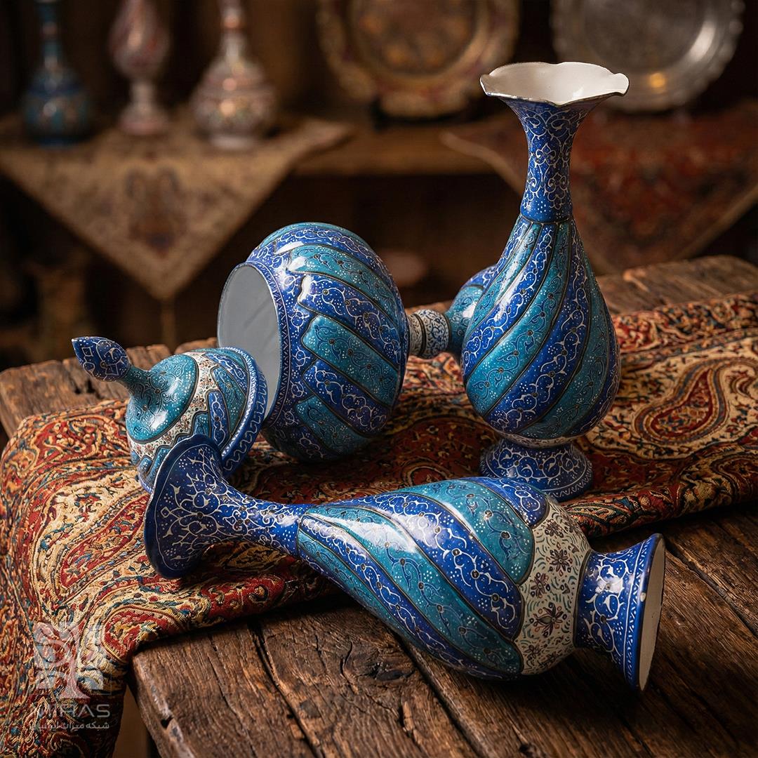 ست آجیل خوری و گلدان مینا کاری  سایز ۲۸ و ۲۵