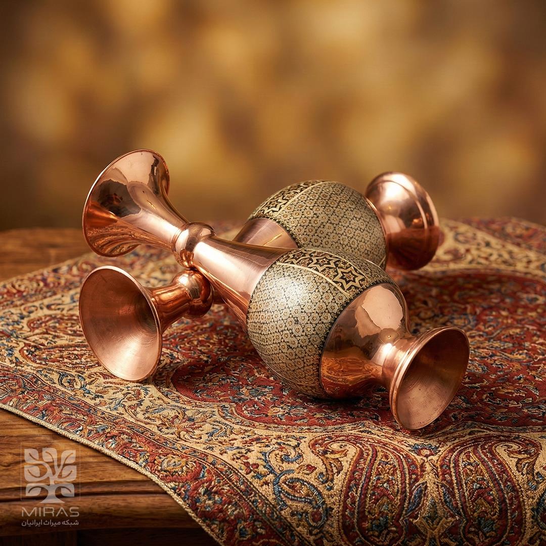 گلدان جفت مس و خاتم کوچک خط دار سایز ۱۶