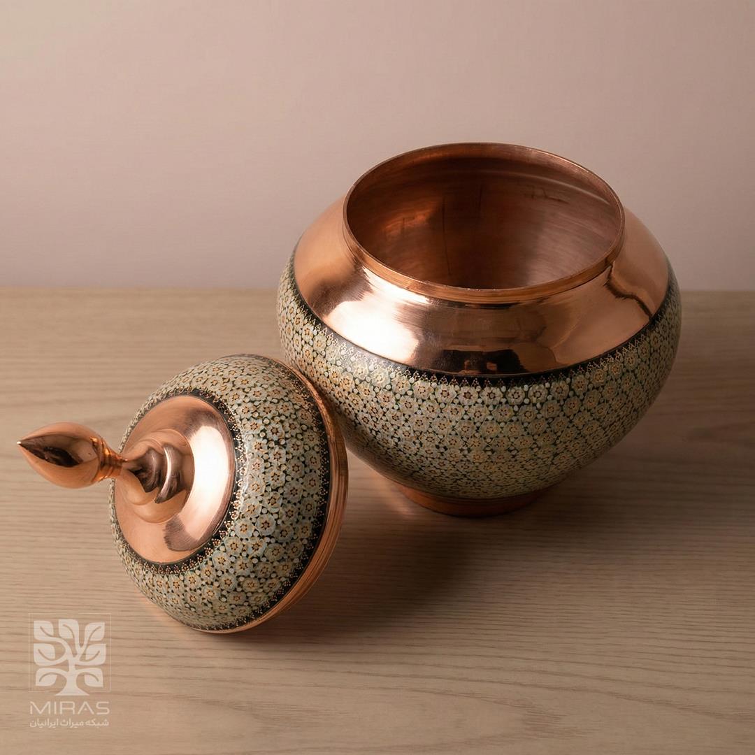 قندان سیبی مس و خاتم بزرگ سایز ۲۵