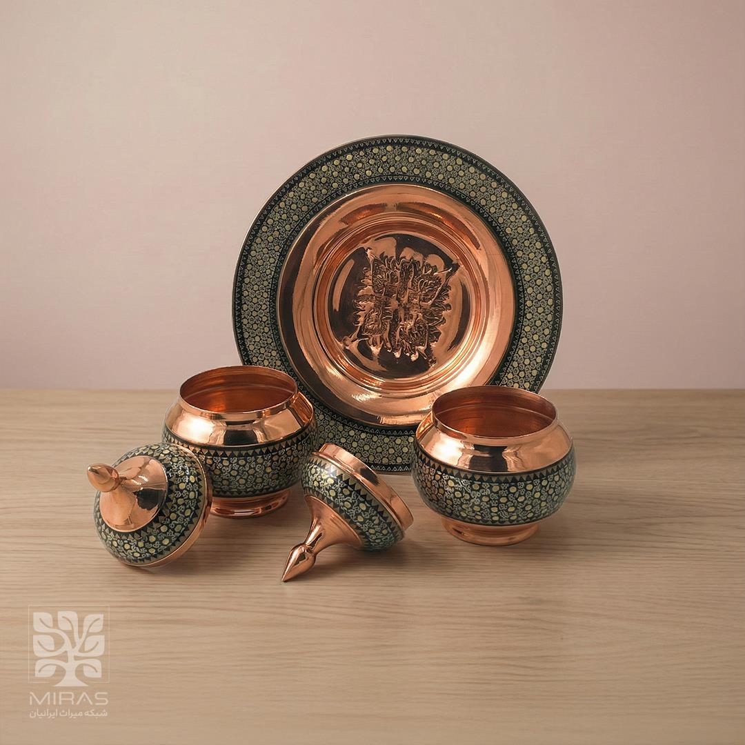 ست شیرینی خوری و ۲ قندان مس و خاتم  سایز ۲۵ و۲۰