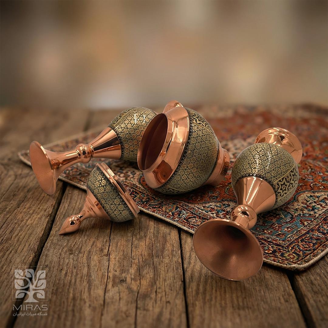 ست قندان و جفت گلدان مس‌ و خاتم سایز ۱۶ و ۲۲