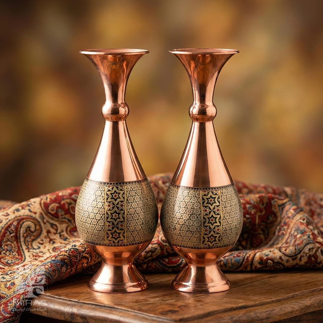 گلدان جفت مس و خاتم کوچک خط دار سایز ۱۶