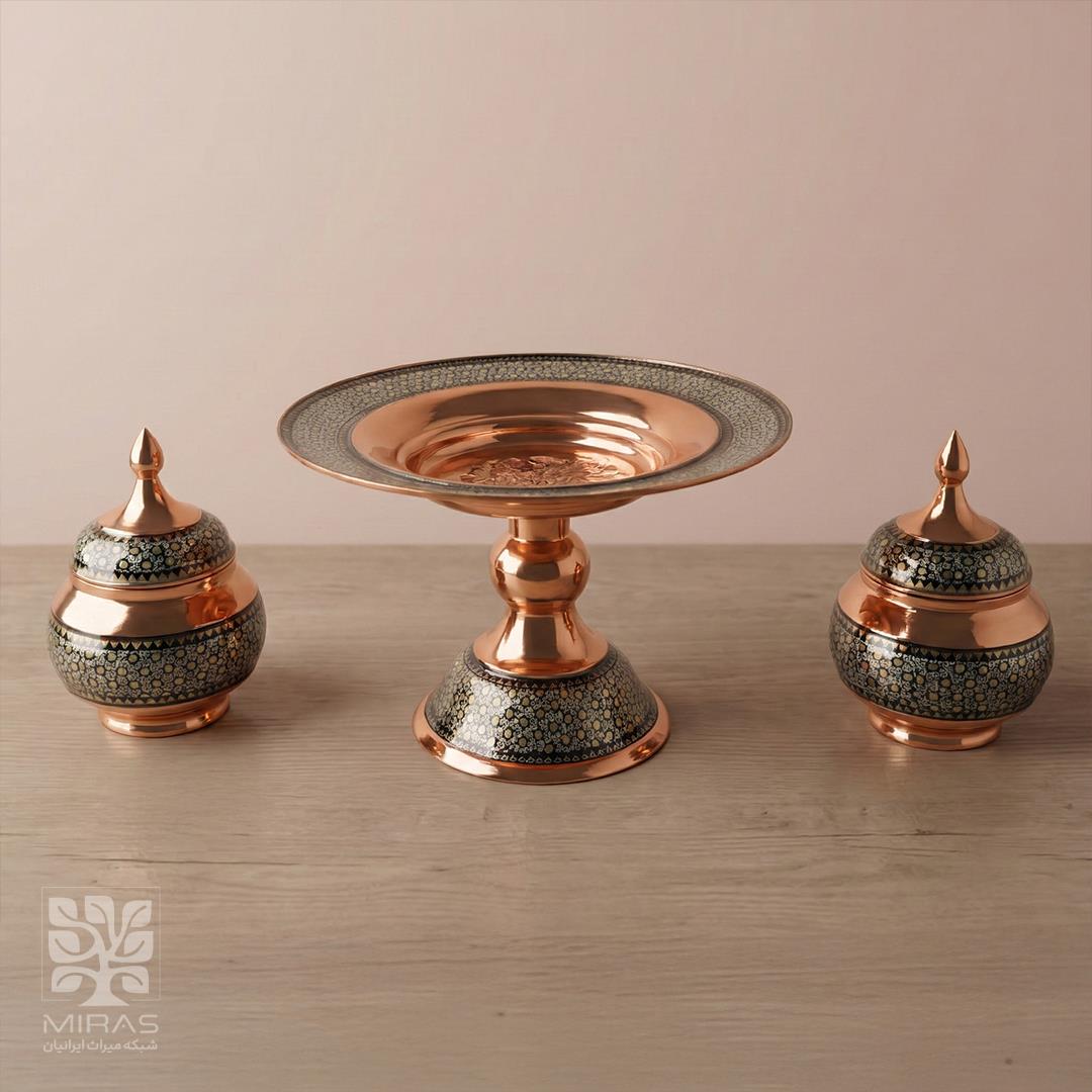 ست شیرینی خوری و ۲ قندان مس و خاتم  سایز ۲۵ و۲۰