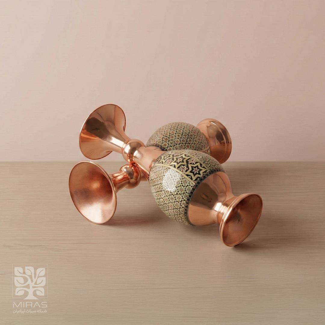 گلدان جفت مس و خاتم متوسط خط دار سایز ۲۰
