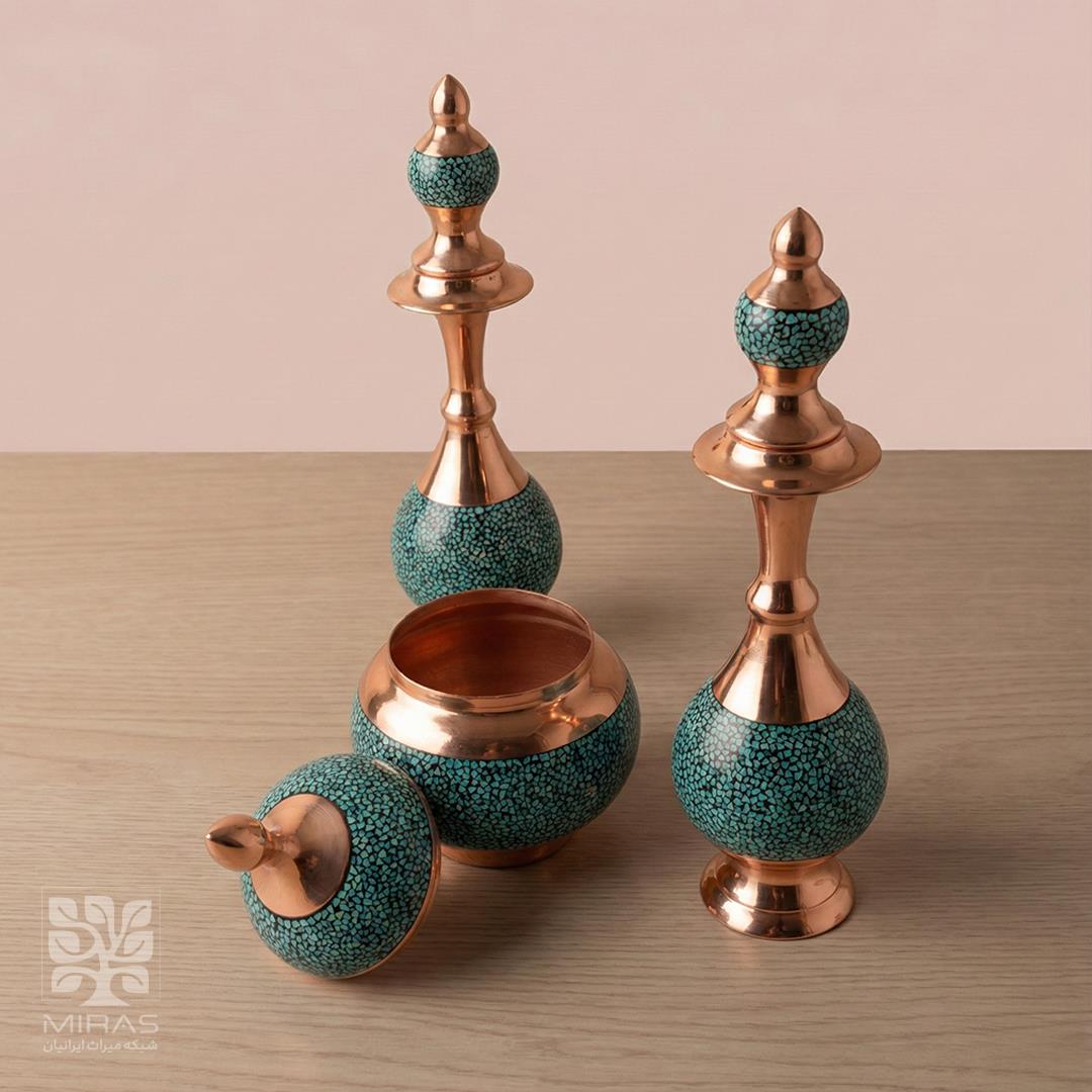 ست گلاب پاش جفت و قندان فیروزه سایز ۲۵ و ۱۶