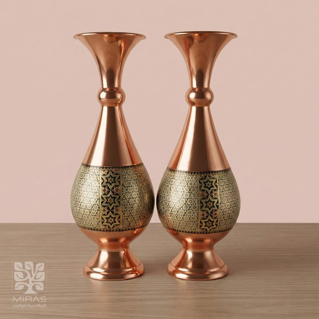 گلدان جفت مس و خاتم کوچک خط دار سایز ۱۶