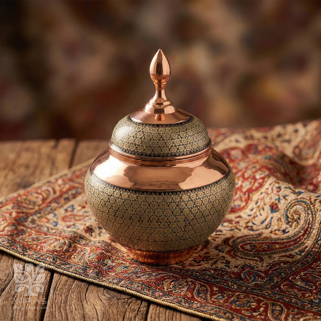 قندان سیبی مس و خاتم بزرگ سایز ۲۵