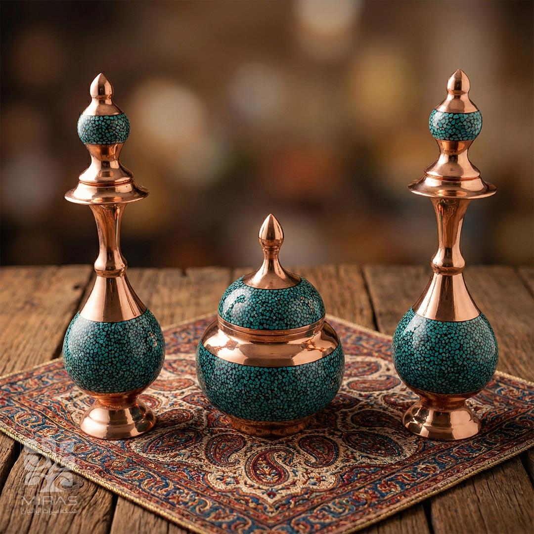 ست گلاب پاش جفت و قندان فیروزه سایز ۲۵ و ۱۶