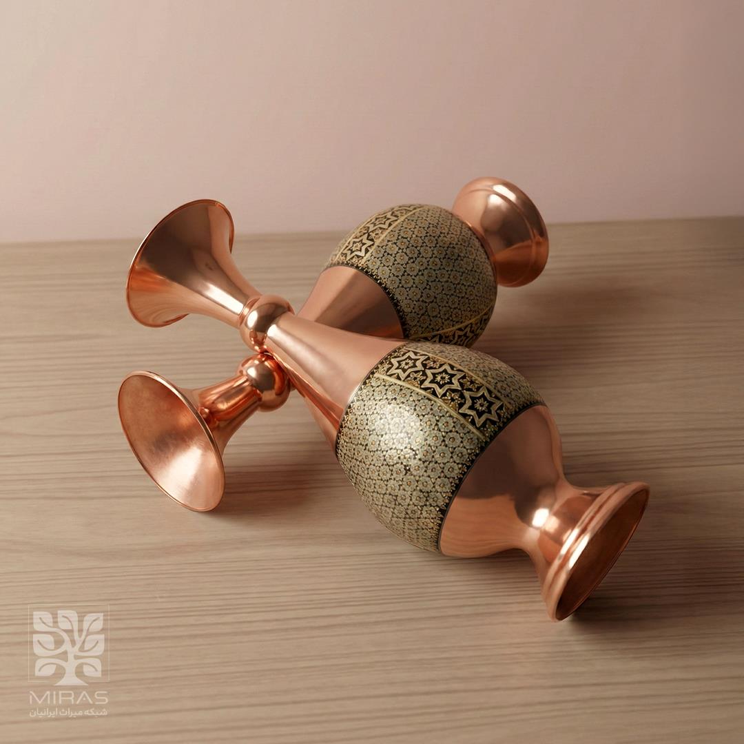 گلدان جفت مس و خاتم کوچک خط دار سایز ۱۶