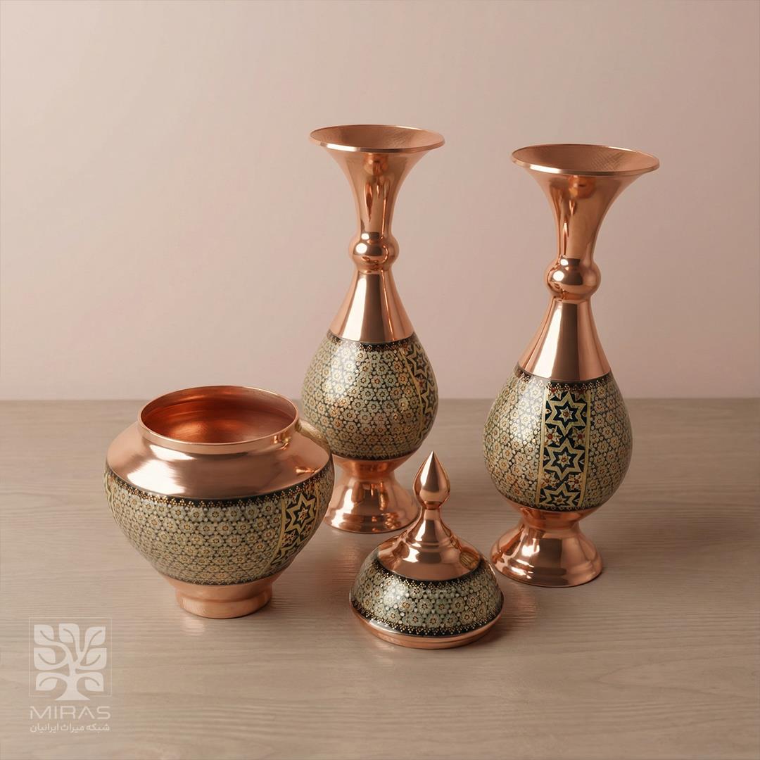 ست قندان و جفت گلدان مس‌ و خاتم سایز ۱۶ و ۲۲