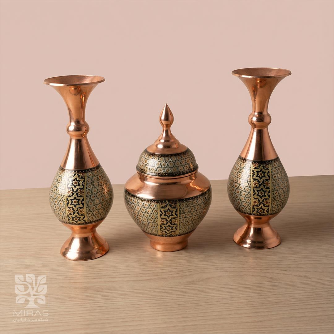 ست قندان و جفت گلدان مس‌ و خاتم سایز ۱۶ و ۲۲