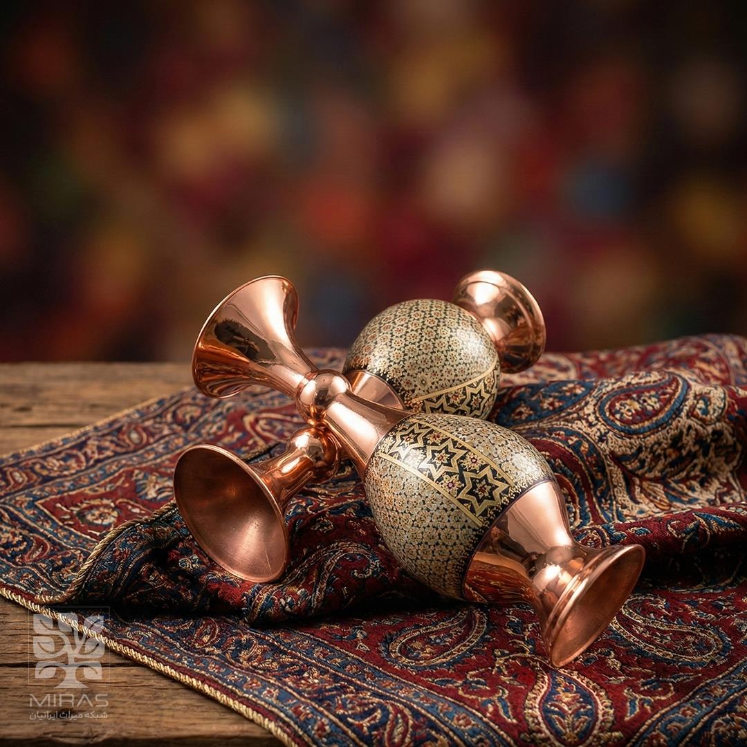 گلدان جفت مس و خاتم متوسط خط دار سایز ۲۰