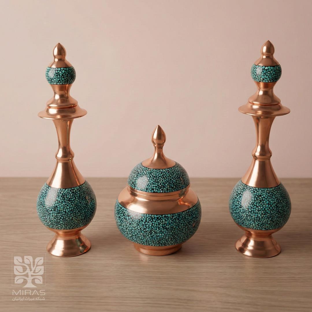 ست گلاب پاش جفت و قندان فیروزه سایز ۲۵ و ۱۶