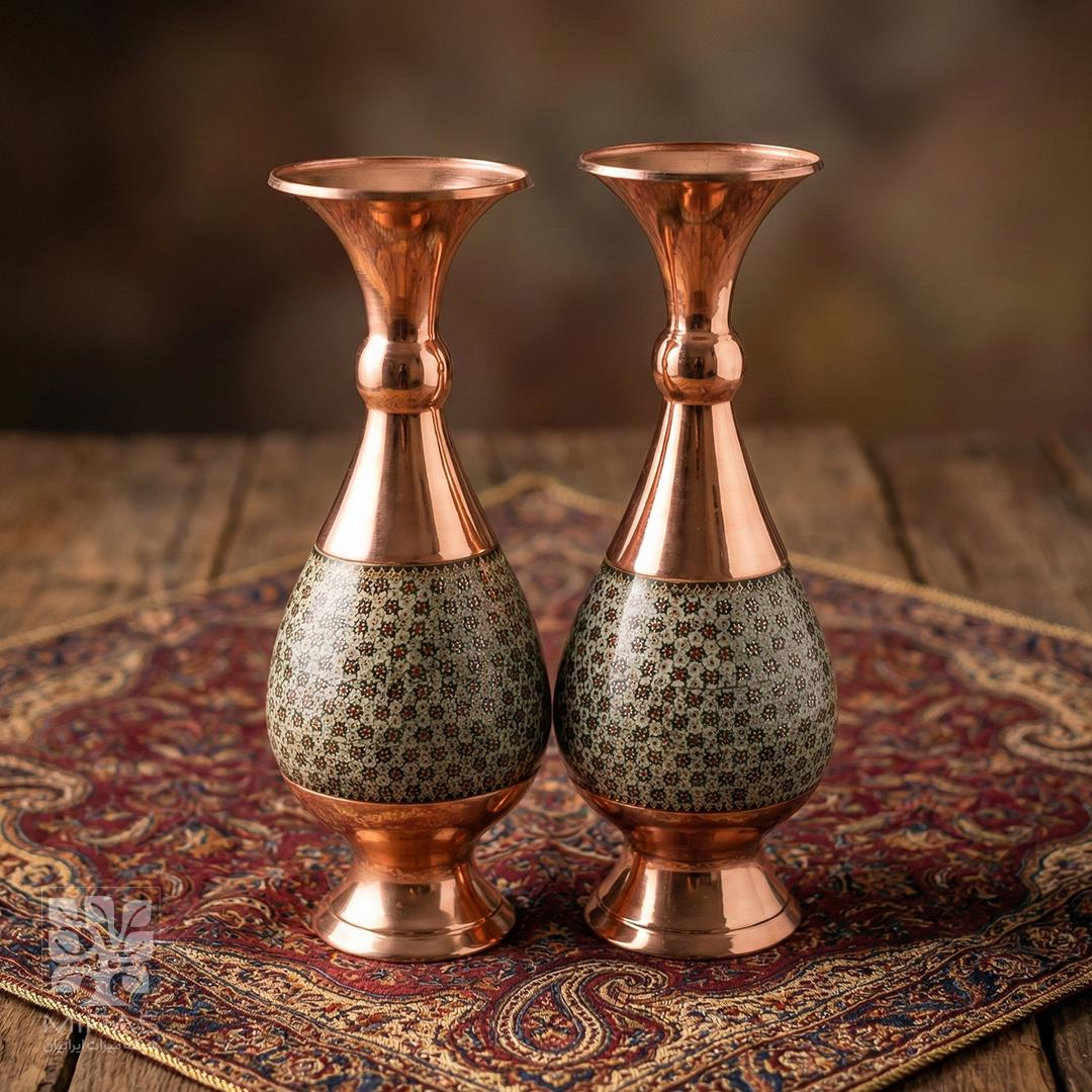 گلدان جفت مس و خاتم بزرگ  سایز ۲۵