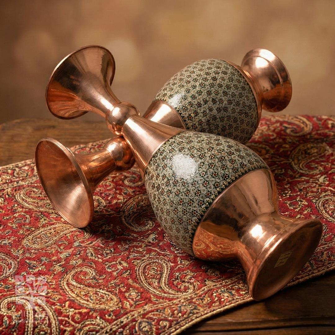 گلدان جفت مس و خاتم بزرگ  سایز ۲۵