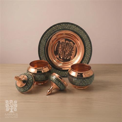 ست شیرینی خوری و ۲ قندان مس و خاتم  سایز ۲۵ و۲۰