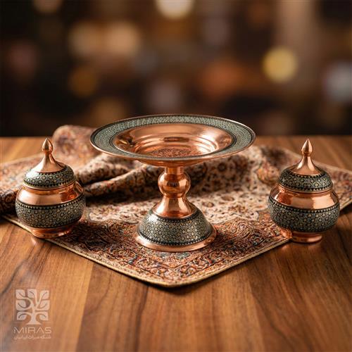 ست شیرینی خوری و ۲ قندان مس و خاتم  سایز ۲۵ و۲۰