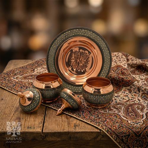 ست شیرینی خوری و ۲ قندان مس و خاتم  سایز ۲۵ و۲۰