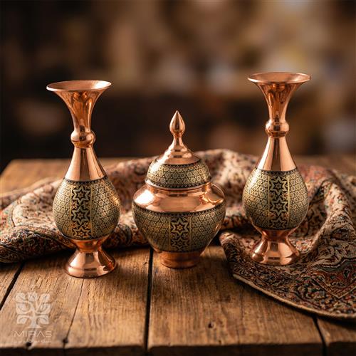 ست قندان و جفت گلدان مس‌ و خاتم سایز ۱۶ و ۲۲