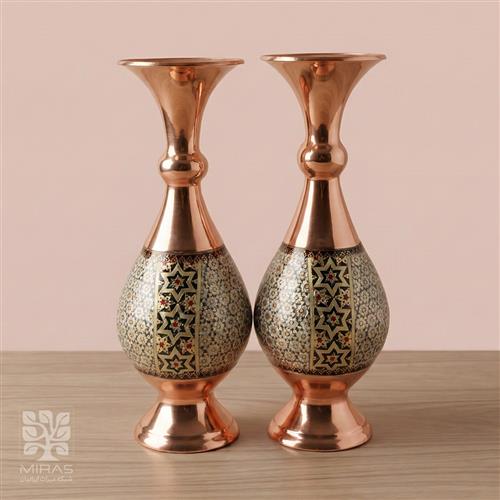 گلدان جفت مس و خاتم متوسط خط دار سایز ۲۰