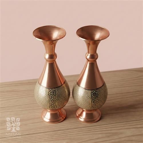 گلدان جفت مس و خاتم کوچک خط دار سایز ۱۶