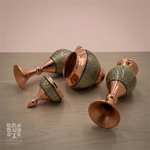 ست قندان و جفت گلدان مس‌ و خاتم سایز ۱۶ و ۲۲