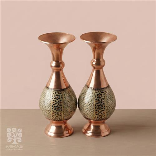 گلدان جفت مس و خاتم متوسط خط دار سایز ۲۰