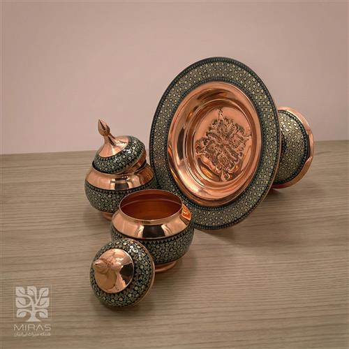 ست شیرینی خوری و ۲ قندان مس و خاتم  سایز ۲۵ و۲۰