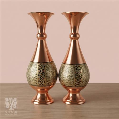 گلدان جفت مس و خاتم کوچک خط دار سایز ۱۶