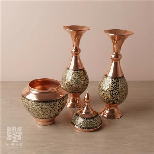 ست قندان و جفت گلدان مس‌ و خاتم سایز ۱۶ و ۲۲