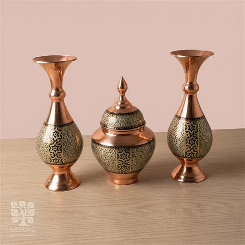 ست قندان و جفت گلدان مس‌ و خاتم سایز ۱۶ و ۲۲